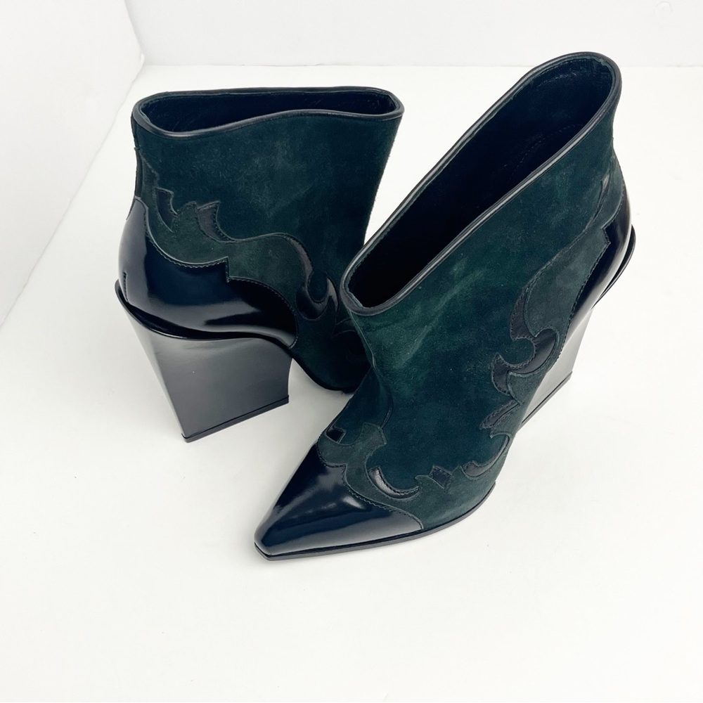 SERGIO ROSSI Black Green Western Pointy Toe Ankle Booties, EU 36 Quiet Luxury